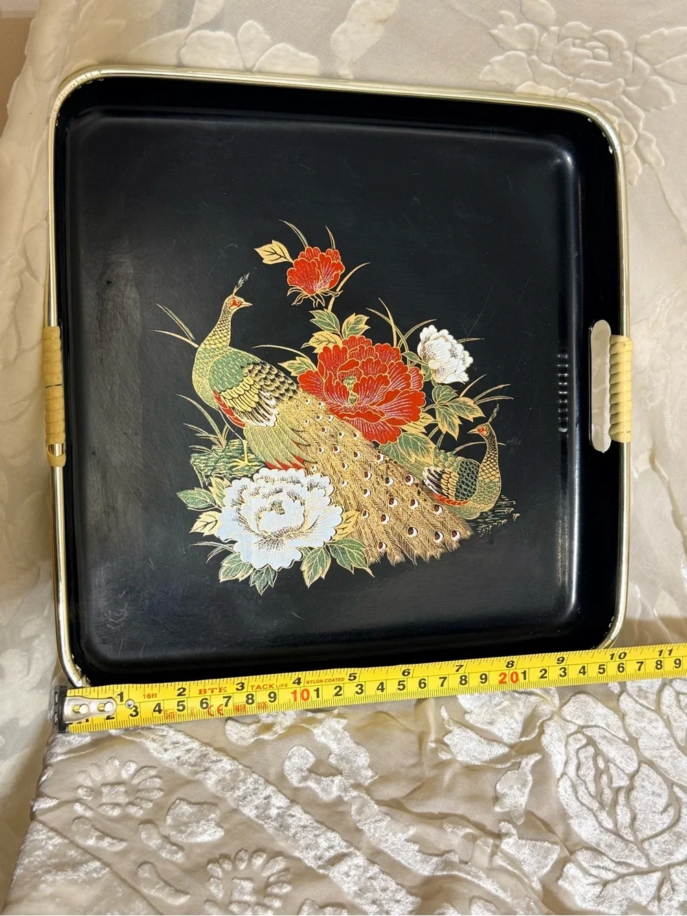 Vintage Peacock Peony Serving Tray Set Black Lacquer Style Gold Trim Asian MCM